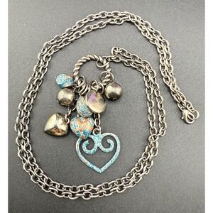 Heart Charm Necklace Dangle‎ Silver Tone Love 33"